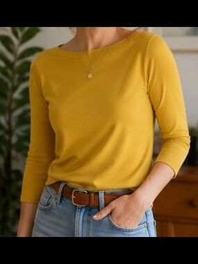 Ann Taylor Mustard Yellow Boatneck Top Medium Petite 3/4 Sleeve